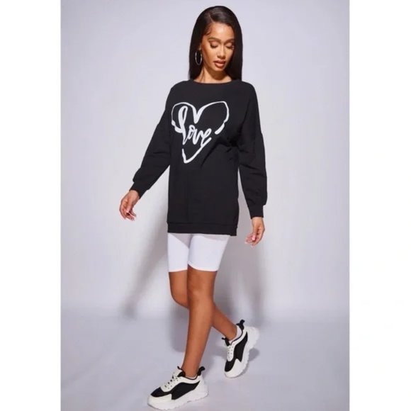 Black Love Print Long Sleeve Loose Fit Oversized Sweatshirt Top - Picture 4 of 10